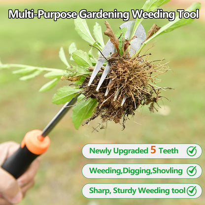 GANCHUN Weed Puller Tool,Newly Upgraded Garden Weeder Stainless Steel Hand Weeder Tool,Multi-Purpose 5 Teeth Weed Remover Tool Weeding Tools for Gardening (Rubber Handle)