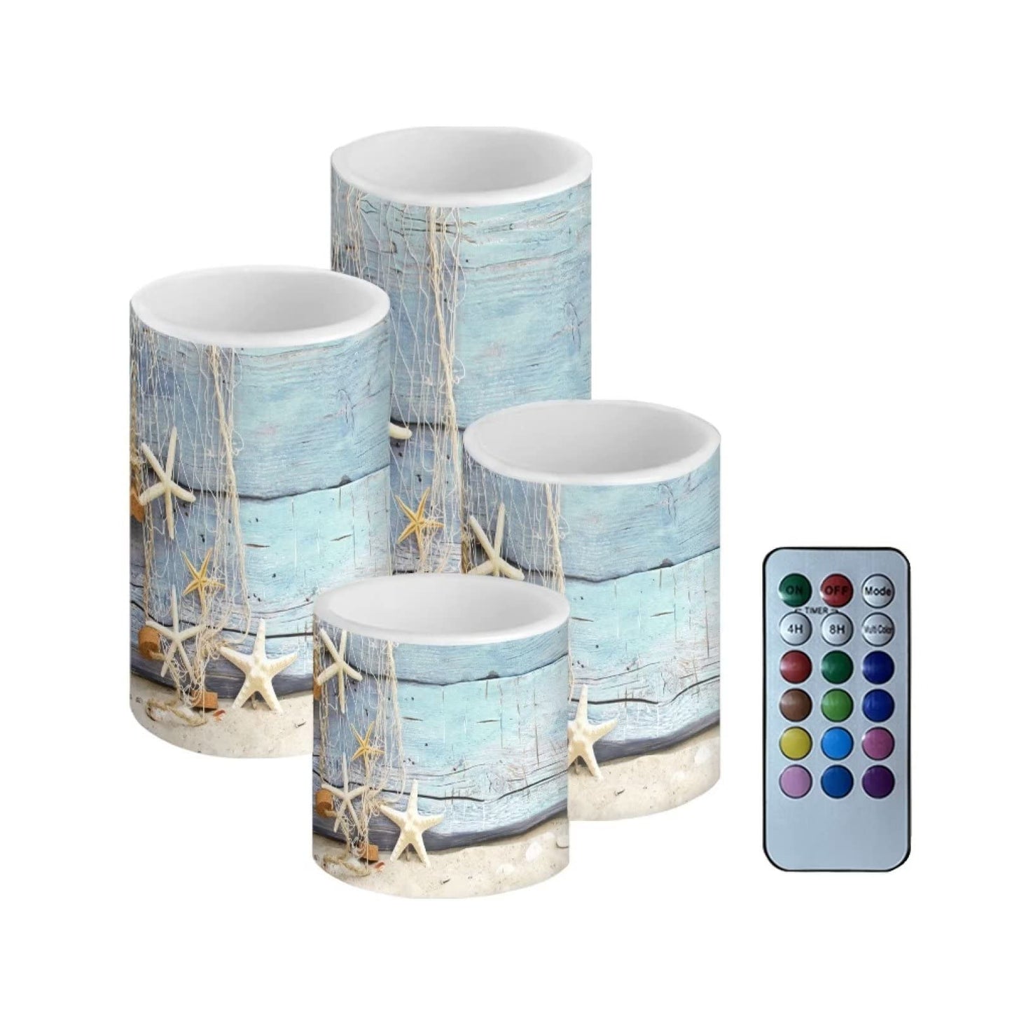 NETILGEN Flickering Flameless Candles 4 Pieces Set, LED Pillar Candles with Timer Battery Operated Tea Lights for Coastal Decor, Beach Starfish with Blue Wood Grain