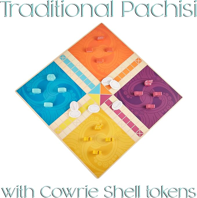 Pachisi: India's Game of Twenty-Five - Features 2-in-1 Modern and Traditional Rulesets - Double-Sided Board Game with Colorful Animal Pawns and Wooden Cowrie Shell - Family Game Night for 2-4 Players