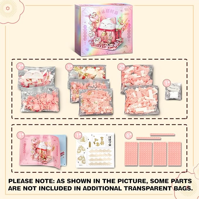 Lucky Cat Building Block Set Compatible with Lego Cat 868Pcs Cute Fortune Cat with Flowers Building Blocks Christmas Birthday Creative Gift for Girls Boys Adult (Pink Cat)