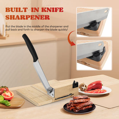 Moongiantgo Biltong Slicer Jerky Slicer Cutter with Built-in Knife Sharpener Detachable Knife Rubber Wood Base for Beef Jerky Deli Delicatessen Bacon Hard Fruits Vegetables Herb Ginseng Pastry