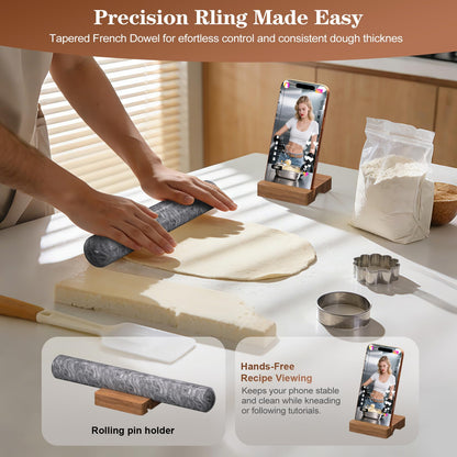 Marble Rolling Pin with Wooden Stand, FiiMan 12 Inch Heavy Rolling Pin for Dough, Stone French Polished Non-Stick Roller Pins For Baking Cookie Pizza Pastry (Black)