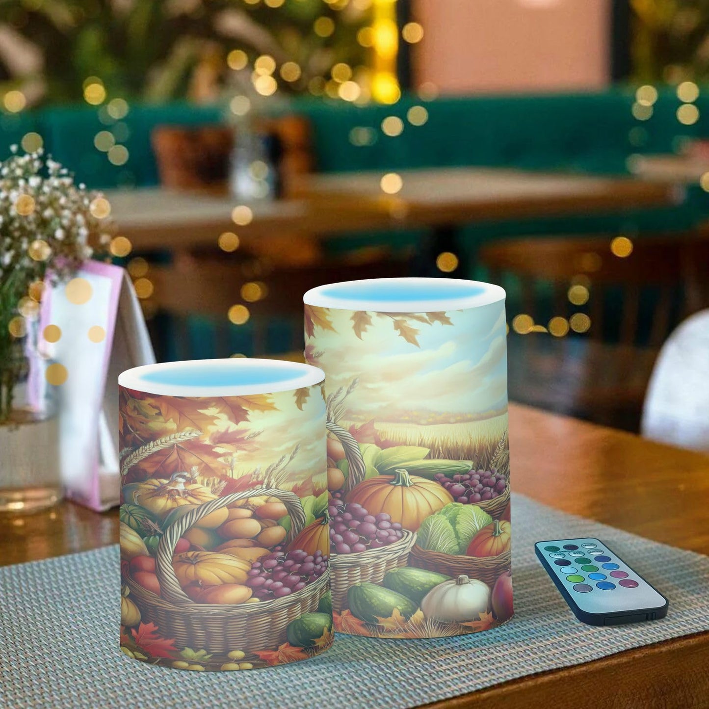 Thanksgiving Autumn Fall Harvest Flickering Flameless Candles Battery Operated with Remote Timer,Tea Light Candles LED Pillar Votive Candles Set of 2 for Outdoor Indoor Decorations