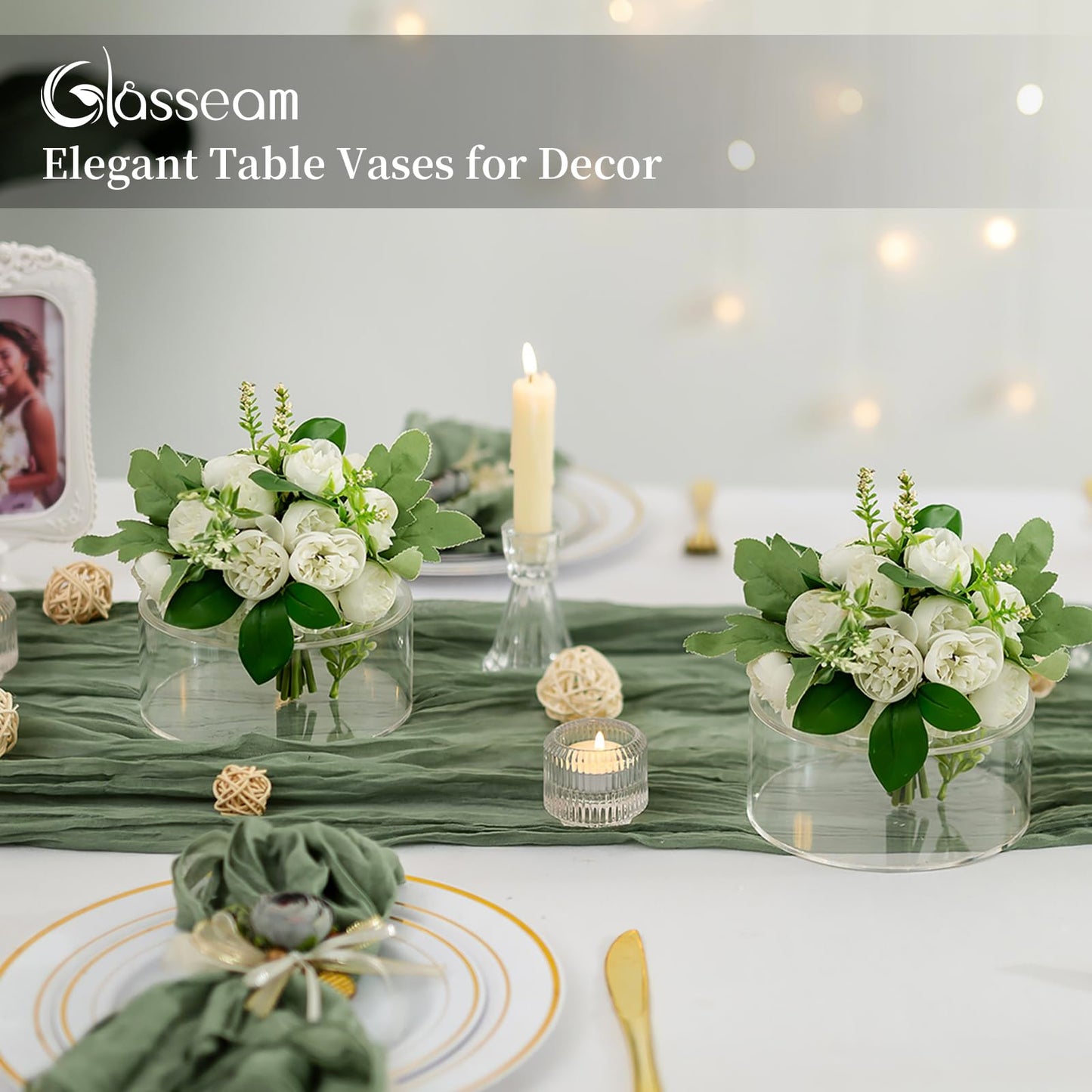 Glasseam Acrylic Flower Vase for Centerpieces: Set of 6 Wedding Party Dining Room Table Decorations, Cylinder Round Clear Vases with 13 Holes (5.9in)