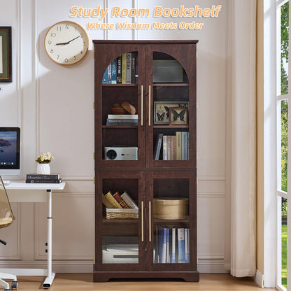 Joaxswe 72" Tall Bookshelf Set of 2, Farmhouse Bookcase with 3-Tier Adjustable Shelves, Modern Living Room Display Cabinet with Glass Doors, Large Storage Cabinet for Home Office,Dining Room, Walnut