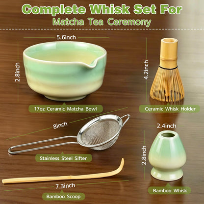 Matcha Whisk Set, 5pcs Japanese Ceremony Matcha Tea Kit Includes Ceramic Matcha Bowl with Spout, Bamboo Whisk & Holder, Traditional Scoop, Stainless Sifter, Gift for Matcha Lovers Beginner