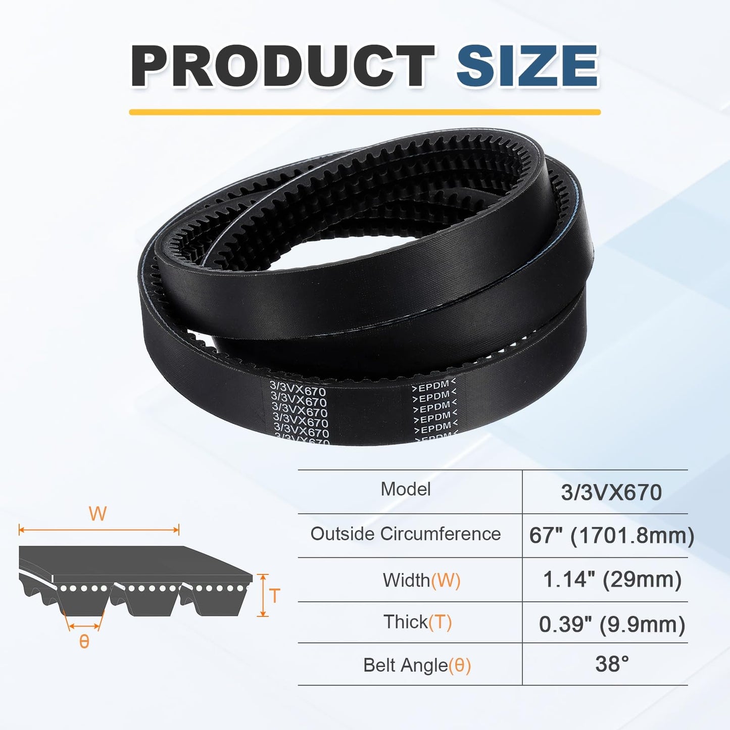 uxcell 3/3VX670 EPDM V-Belt, 3 Banded, Cogged Industrial V Belt 67" Outside Circumference x 1.14" Width x 0.39" Thickness