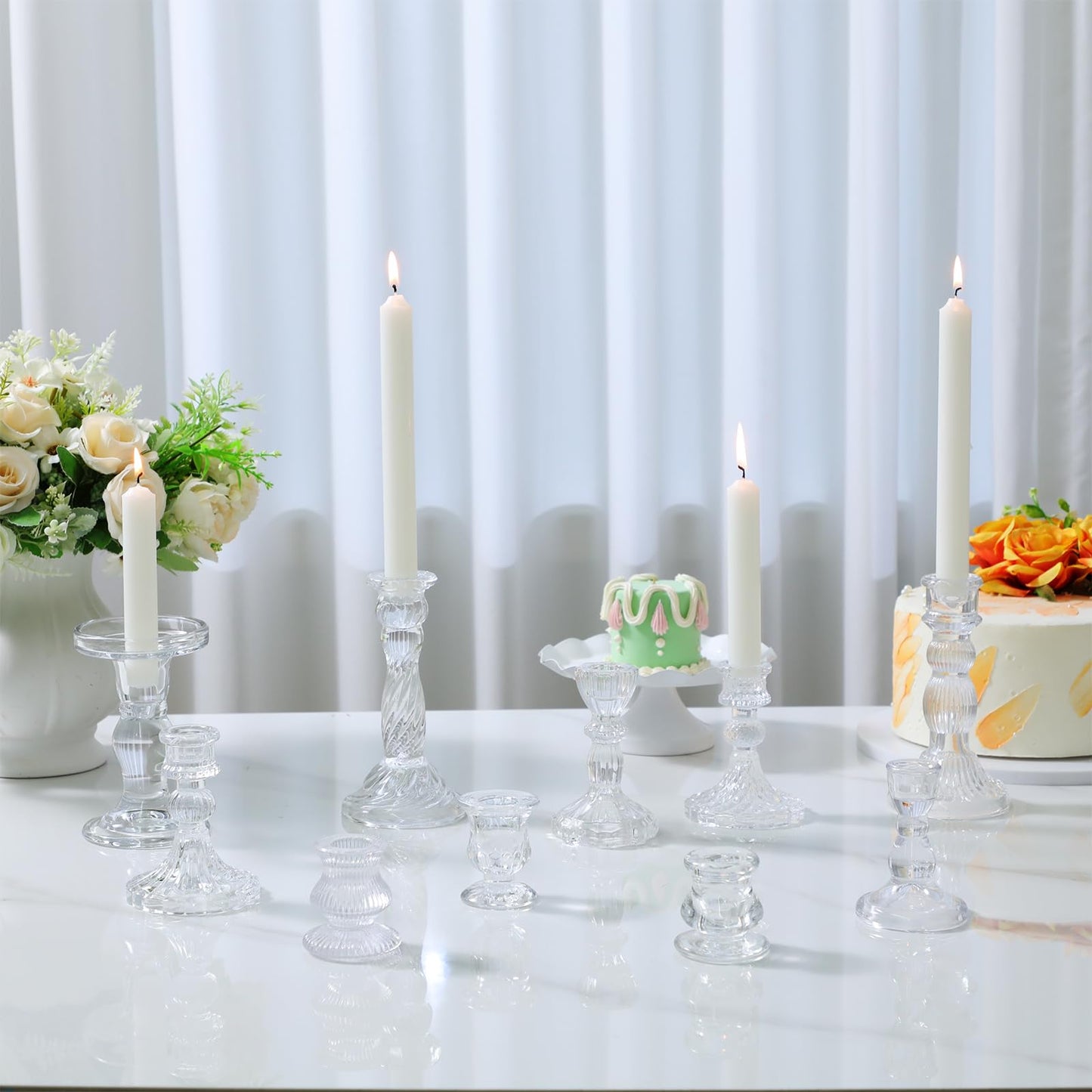 Mumufy 20 Pcs Glass Crystal Taper Candle Holders Clear Glass Candlestick Holder Fit 0.8 Inch Candles Crystal Decorative Candle Stand Centerpiece Table Wedding Dining Party(Clear)
