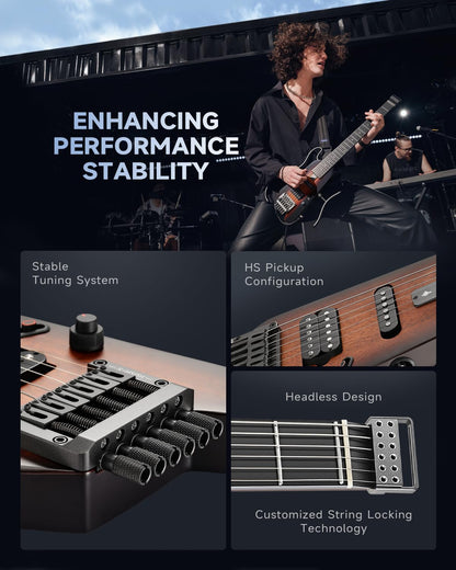 Donner HUSH X Electric Guitar Kit - Featherlight Headless Guitar, Great for Travel and Practice, Mahogany Solid Body with Easy Assemble Stands, Gig Bag, All Accessories, Sunburst