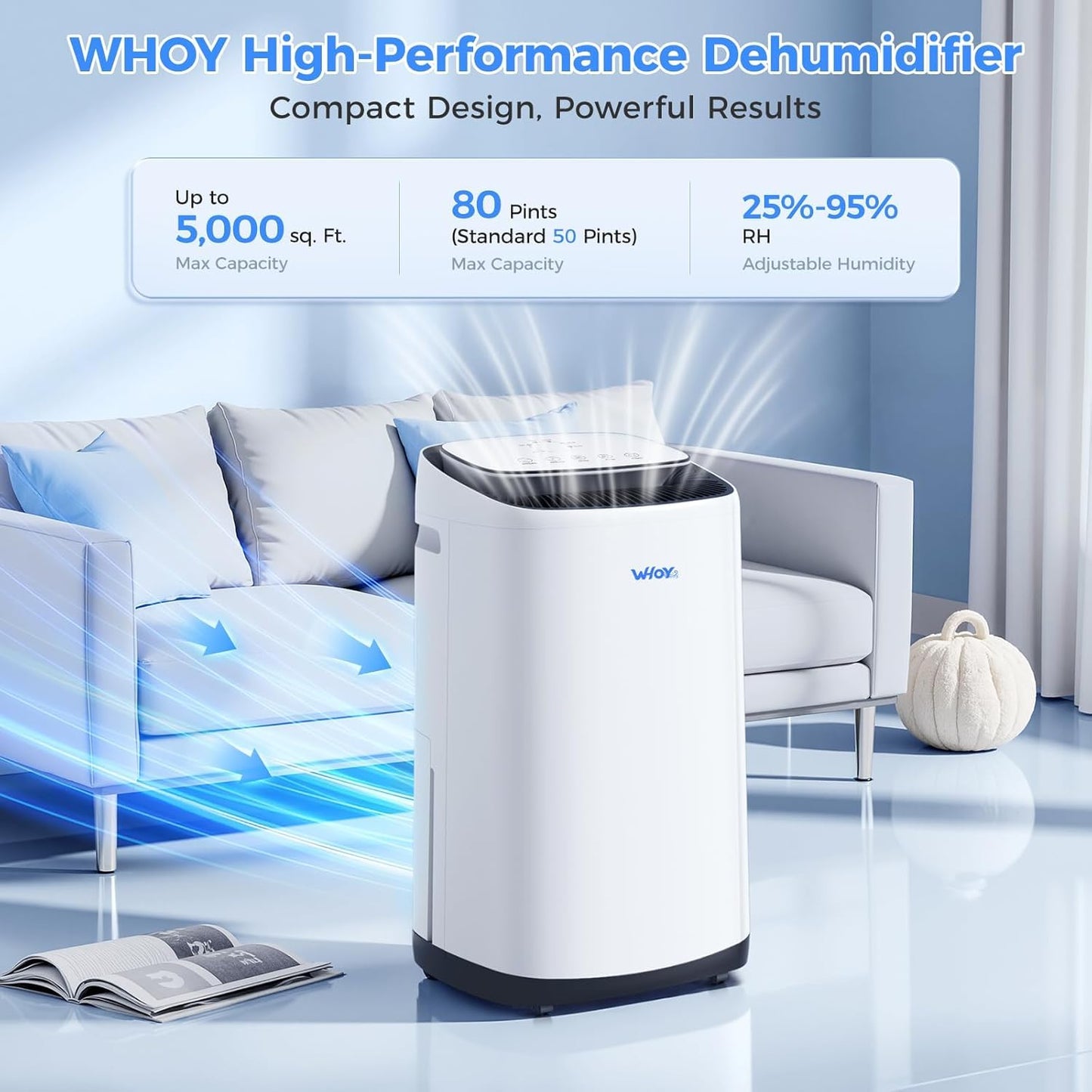WHOY 80 Pints Smart Dehumidifier (50 Pints DOE) with App Control, for Basements & Home Up to 5,000 Sq. Ft., Portable with Continuous Drain, Quiet Auto-Control & Turbo Mode