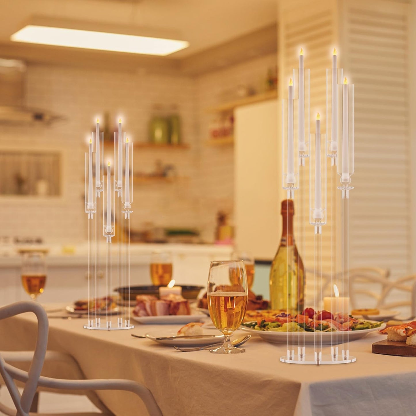 4 Pack Acrylic Candelabra Centerpieces, 5 Arm Clear Candlestick Holder with Acrylic Shade, 3 Height Adjustable Taper Candle Holder for LED Candles (Diameter ≤0.86”), Wedding Table Decoration 8pcs