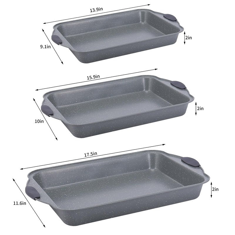 Anveena 3-Piece Nonstick Kitchen Oven Baking Pans - Premium & Stylish Non-Stick Steel, Commercial Grade Restaurant Quality Metal Bakeware with Red Silicone Handles - Easy to Clean gray