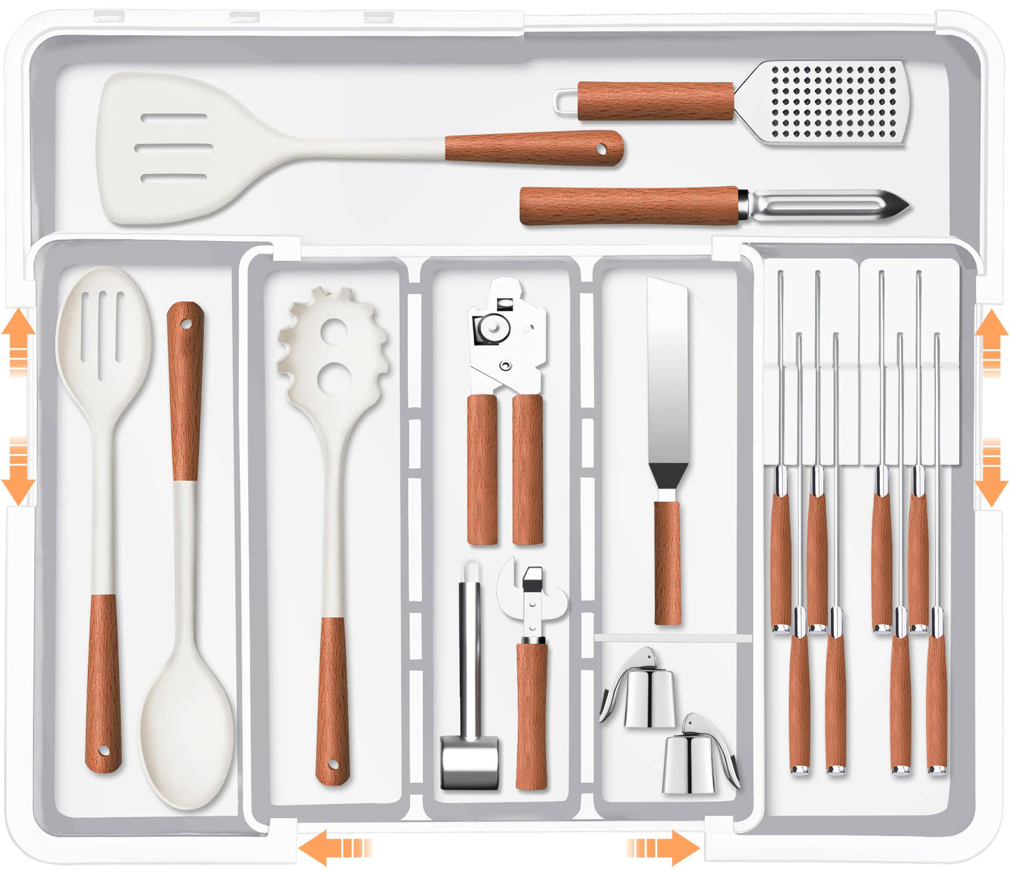 Homecor Kitchen Utensil Drawer Organizer, Large 22"x 19" Expandable Silverware Organizer with Removable Knife Block, Utensil Holder and Cutlery Tray, Kitchen Spatula Tools and Gadgets Storage, White