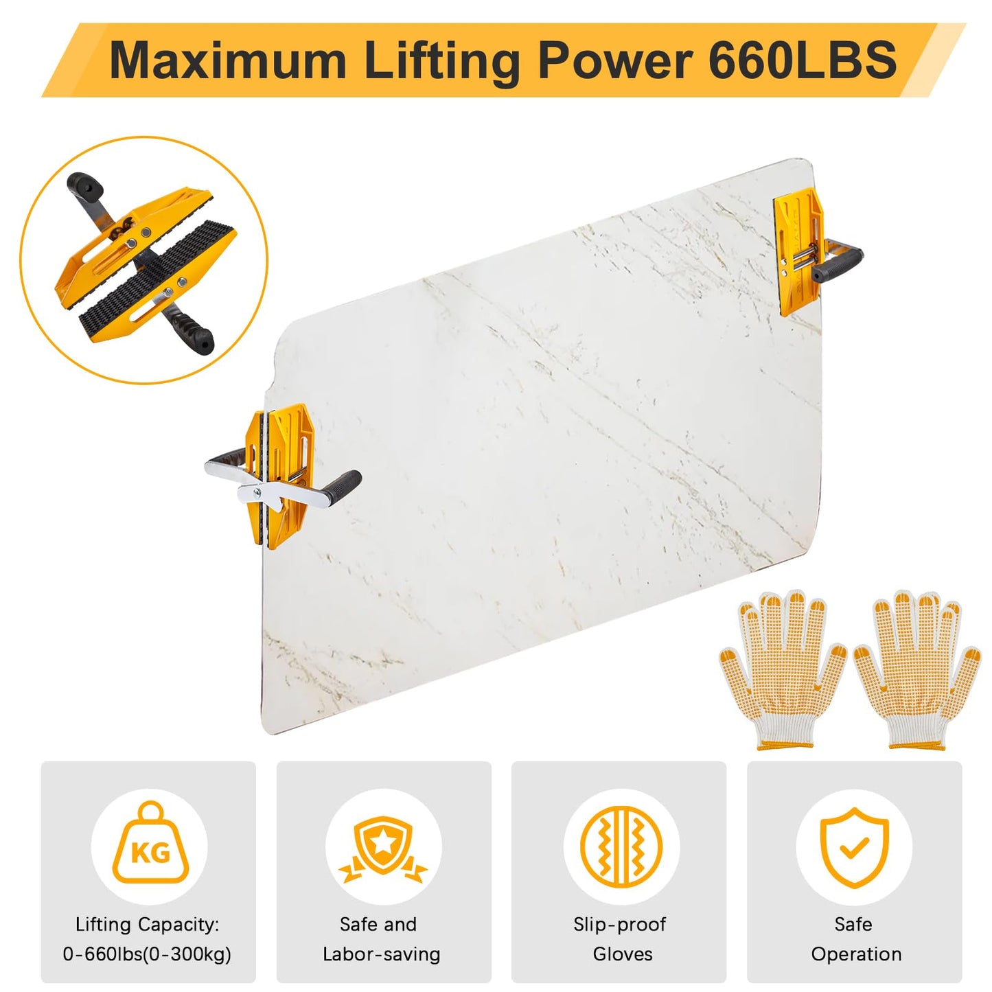 Double Handed Stone Carrying Clamps,Panel Carriers Lifting Tools,660 LBS Heavy Duty Carry Clamp for 0-2.36in Glass Quartz Slabs Marble with Rubber-lined,Granite Lifting Clamp 2Pack Yellow