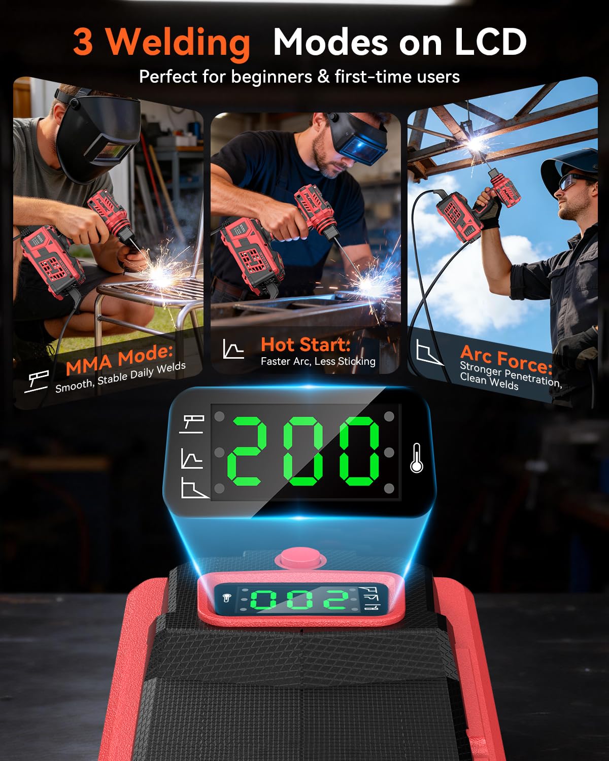 PLOWIC Portable Welding Machine:【2026 Upgraded】110V Handheld Welder with Balanced Design, LCD Display & 3 Modes (MMA/Hot Start/Arc Force), 200A IGBT Inverter ARC Welder Gun Fits 1/16"-1/8" Rods, Red
