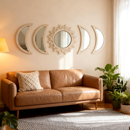 Cpcdaosk 5 Pieces Moon Phase Mirror Wall-Mounted Wall Decor Mirrors Natural Wooden Sunburst Bohemian Wall Art for Home Living Room Bedroom Decoration