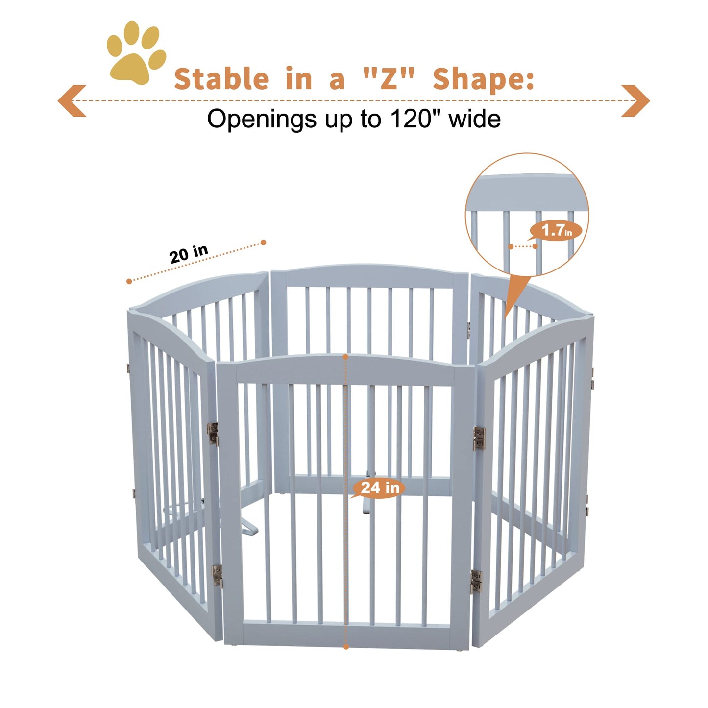 PUPETPO Freestanding Pet Gate for Dogs, Foldable Wooden Dog Gate for House, Extra Wide Indoor Pet Barrier for Stair, Doorway, Hall, Support Feet Included, 120 Inch Wide, 6 Panels 24", Grey