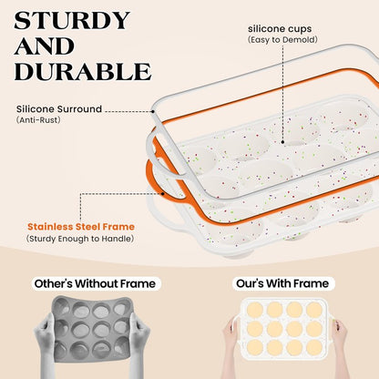 AOTASO Regular 12 Cup and Mini 24 Cup Nonstick Cupcake Pan Set Silicone Muffin Pan for Baking Silicone Cupcake Mold with Metal Reinforced Frame BPA Free (2 Pcs, Cream)