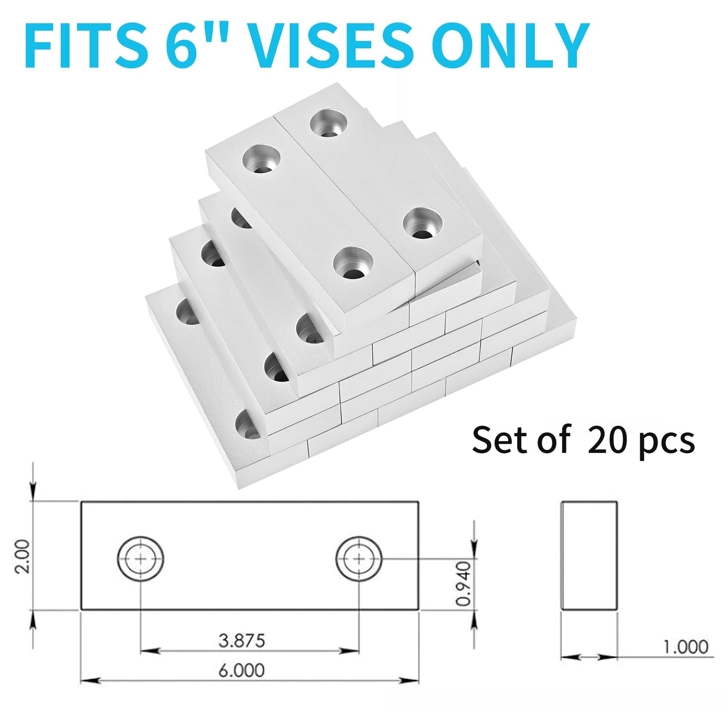 LTIENBST 10 Sets(20Pcs) Aluminum Soft Jaws Set, 6 inch Vise Jaws 6" x 2" X 1",10Set Vise Soft Jaws Fit to 6" Kurt Vise Jaws,Silver