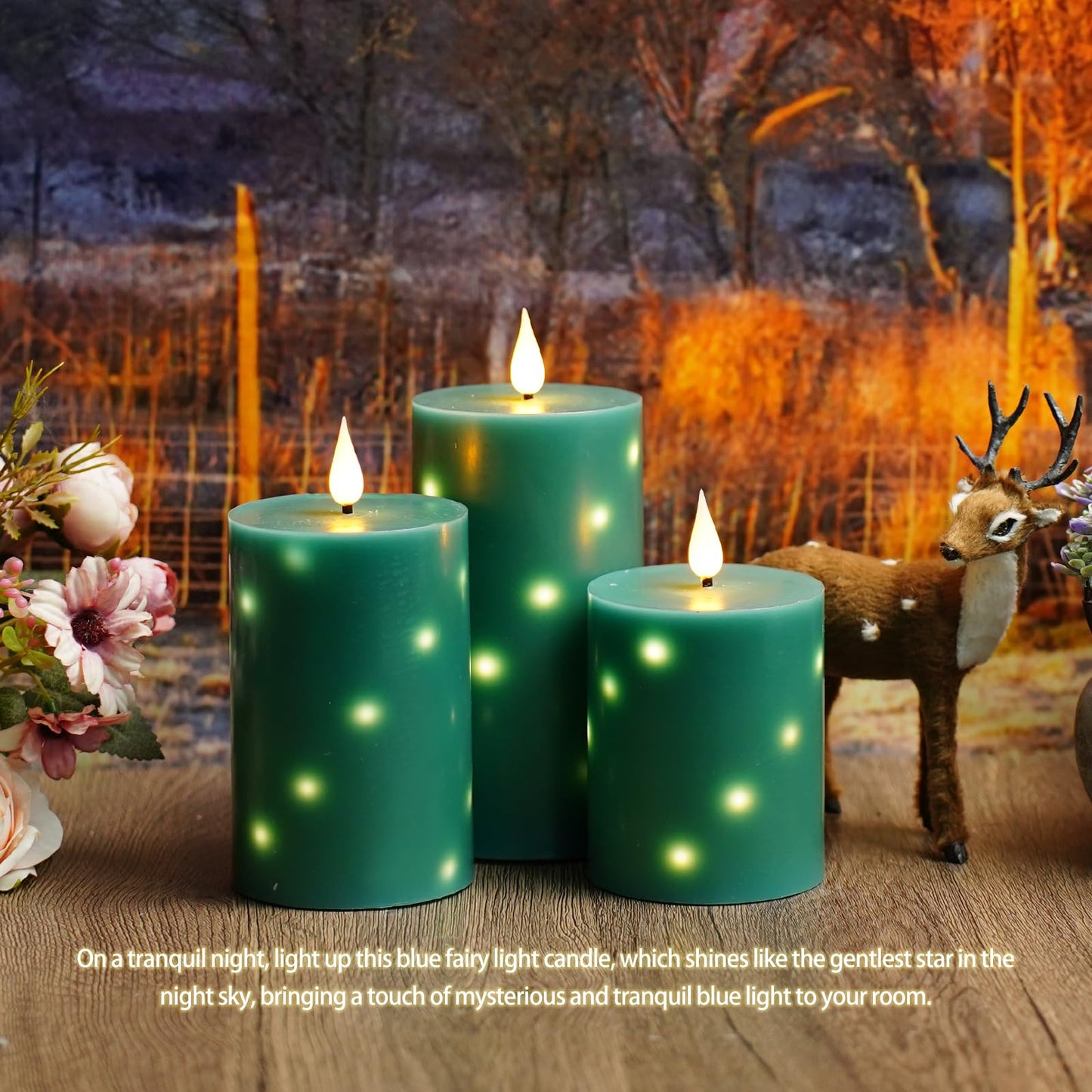 JINYANIA Flameless Candles with Embedded Star String, Real Wax Battery Operated Candles with Remote Timer, Flickering Pillar LED Candle Set for Home Decor Romantic Ambiance （Green）