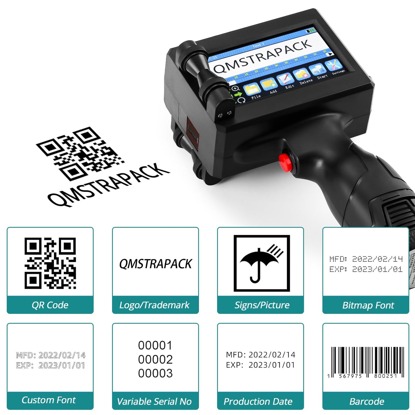 QMSTRAPACK Handheld Inkjet Printer Gun Z10 Printing Height 0.08-0.5 Inch Inkjet Coder with Original Fast-Drying Ink for Text QRCode/Barcode/Batch Number/Label/Image/Date Printer for Any Surface