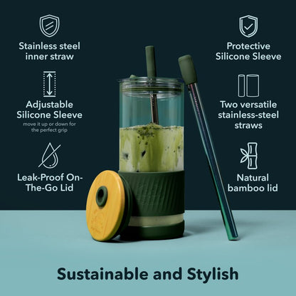 Pandaloo® Glass Cups With Lids and Straws -20 Fl Oz- Perfect Size Iced Coffee Cup - Smoothie Cup With Bamboo Lid and On the go Lid - Glass Tumbler With Straw (1 Count (Pack of 1), Coral)