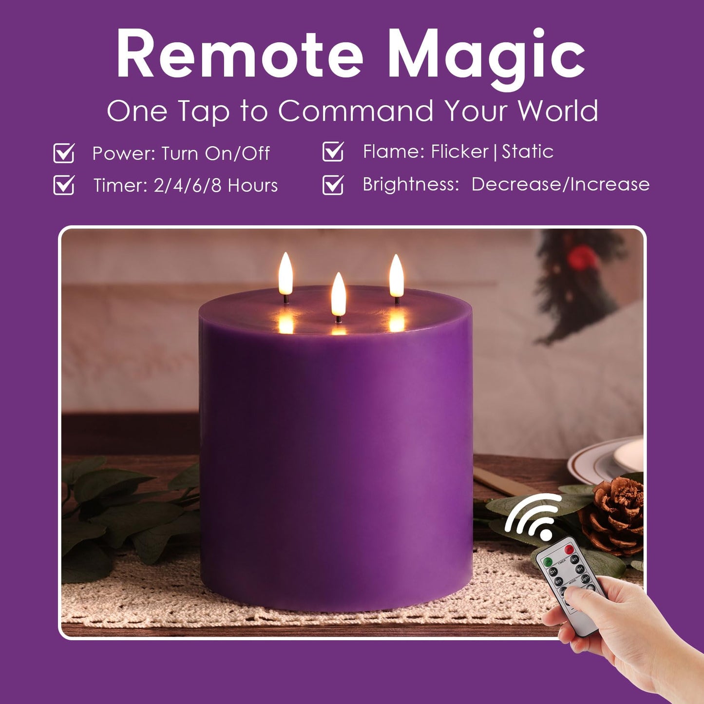 Eywamage 3 Wick Flameless Candle with Remote, Large Purple Candle, Real Wax Flickering LED Pillar Candle Φ 6" H 6"