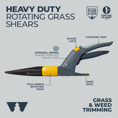 Woodland Tools Heavy Duty Rotating Grass Shears – 180 Degree Pivoting Head, Non Stick Steel Blades, Ergonomic Grip, Manual Grass Clippers for Trimming Around Beds, Walkways, and Edges