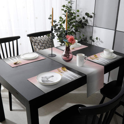 LaBLUUX Table Runner with 6 Place Mats, Gradient Color Pink Gray Cotton-Linen Dining Mat Sets Heat Resistant Washable Placemat for Dining Table/Kitchen/Living Room/Office/Picnic 13x90 Inch