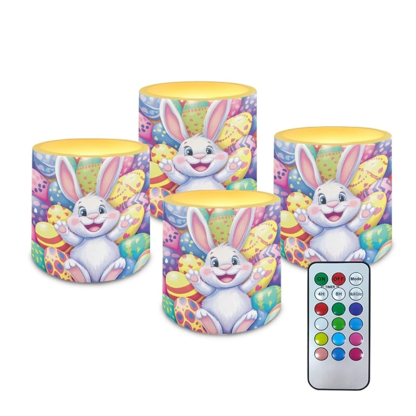 Merkmak Pack of 4 Flameless Candles with Timer Battery Operated Candles with Remote, Easter Eggs Cartoon Bunny Print LED Pillar Tea Lights for Easter Day Patio Banquet Home Decoration