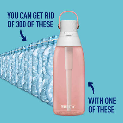 Brita Hard-Sided Plastic Premium Filtering Water Bottle, BPA-Free, Reusable, Replaces 300 Plastic Water Bottles, Filter Lasts 2 Months or 40 Gallons, Includes 1 Filter, Blush - 36 oz.
