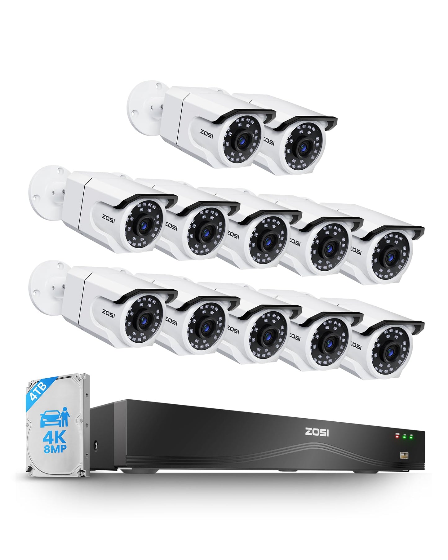 ZOSI 32CH 4K PoE Security Camera System, 12pcs 8MP Outdoor Indoor Cameras with Audio, Person/Vehicle Detection, Dual Disk Backup, H.265+ 16Port 32-Channel NVR with 4TB HDD for Business 24/7 Recording