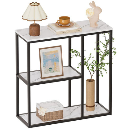 WOHOMO Console Table, 12 Inch Narrow Entryway Table for Living Room, 31.5 Inch Modern Industrial Sofa Table with 3-Tier Storage Shelves for Corridor, Hallway, White Marble