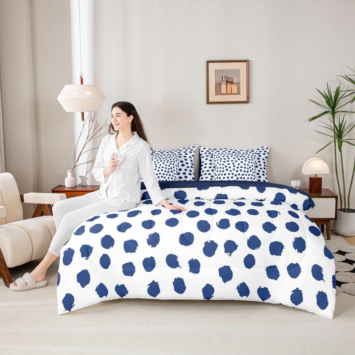 Erosebridal Boys Dots Bed in A Bag 7 Pcs Twin Size Polka Geometric Bed Set for Kids Men Brush Stroke Boho White Navy Blue Comforter Set Lightweight Sheet Set