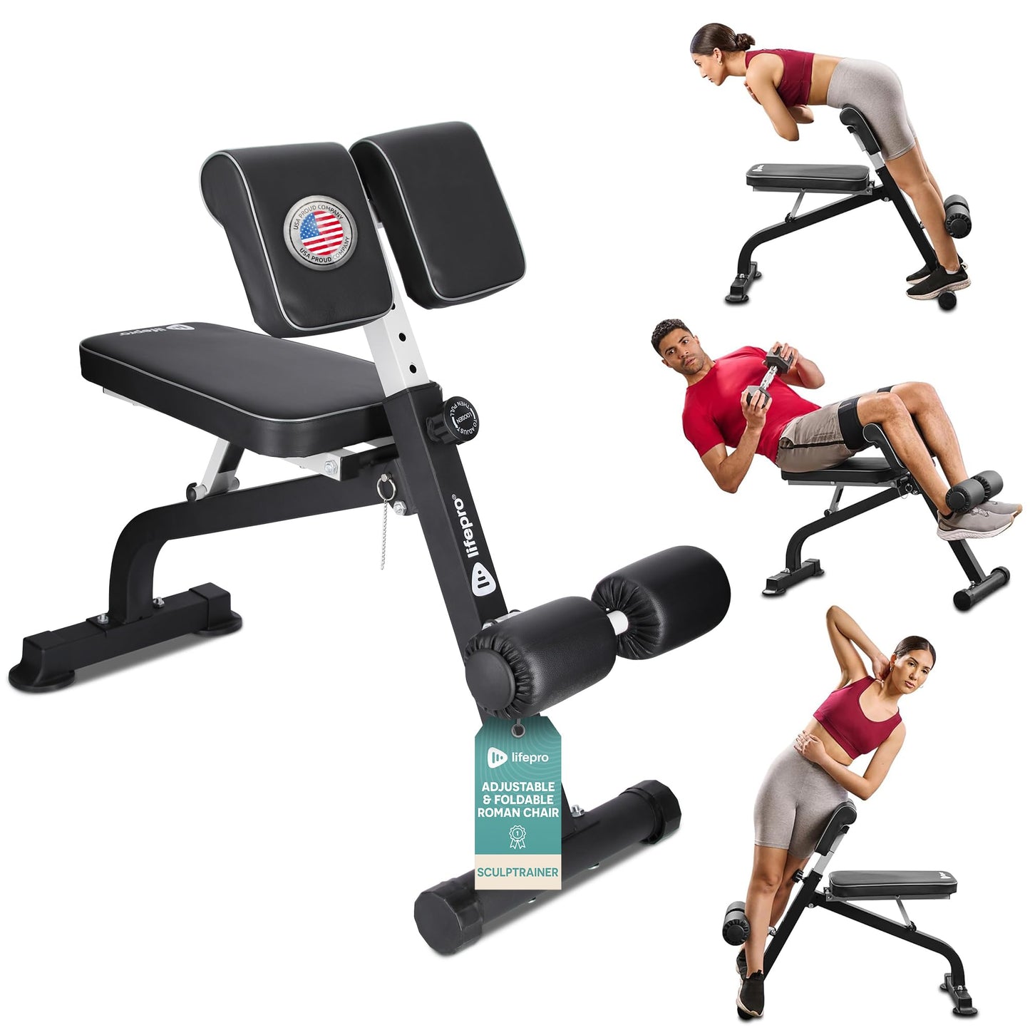 Lifepro SculptTrainer Roman Chair – Hyperextension Bench for Strength Training – Adjustable Back Extension Machine, Ab Bench & Foldable Sit-Up Bench for Athletes, Core Work & Home Gym Workouts