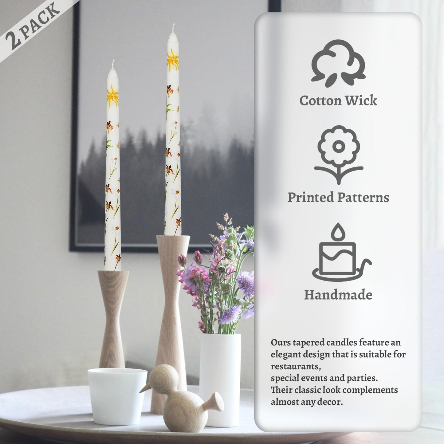 Floral Taper Candles 10 Inch Tall Unscented Handmade Renanthera Coccinea Print Long Burning Elegant Candlesticks for Wedding Dinner Home Decor