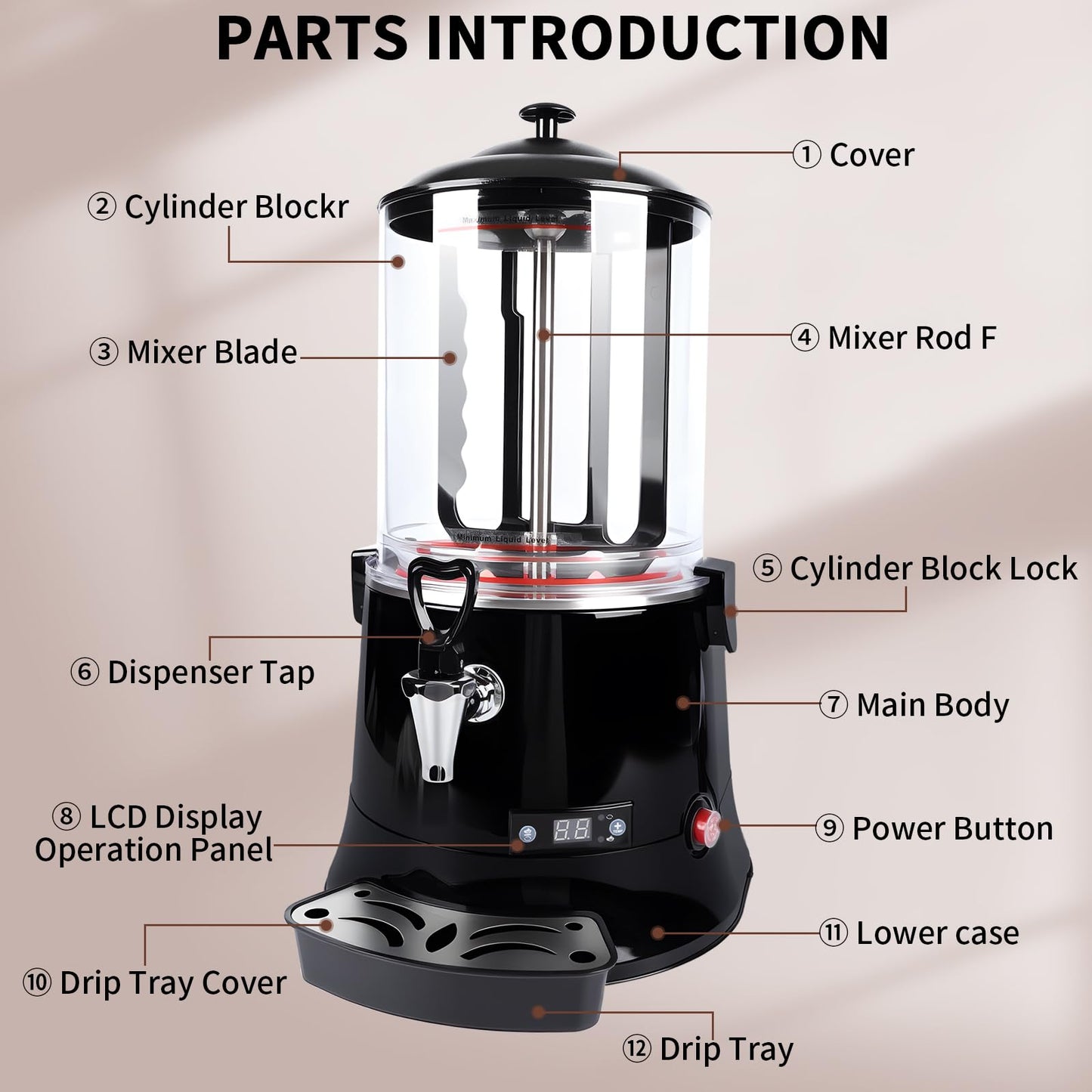 Commercial Hot Chocolate Machine & Beverage Dispenser, 10L Capacity, 110V Electric Warmer for Coffee, Hot Chocolate, Milk Tea, Black, Professional Grade for Cafes & Restaurants