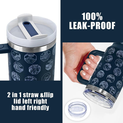 XccMe 63 National Parks Water Bottle with Stickers,40 oz Tumbler with Handle and Straw,2 Lids,40 oz Double Wall Insulated Tumbler,Stainless Steel Leak Proof Tumbler,Travel Coffee Mug (Blue)