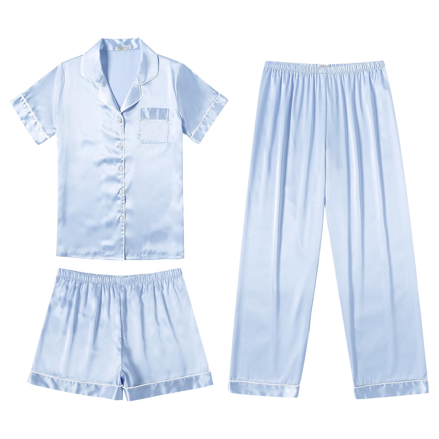 Ekouaer Silk Pajamas for Women Set Satin Pjs Soft Short Sleeve Button Down Sleepwear 3 Piece Loungewear S-XXL