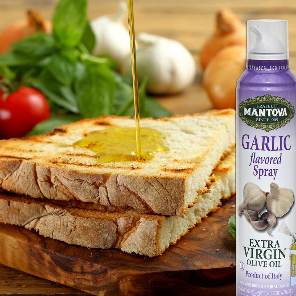 Mantova Extra Virgin Olive Oil Spray Garlic Flavored 8 oz. Spray Bottle - Manage Oil Amount - Great For Salads & Cooking