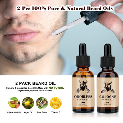 Beard Kit Gifts for Men, Father's Day Birthday Gifts for Men Dad Him, Grooming & Trimming Tool Complete Set, Beard Care Kit with 2 Beard Growth Oil/Balm/Brush/Comb/Shaving Soap/Cup&Storage Bag