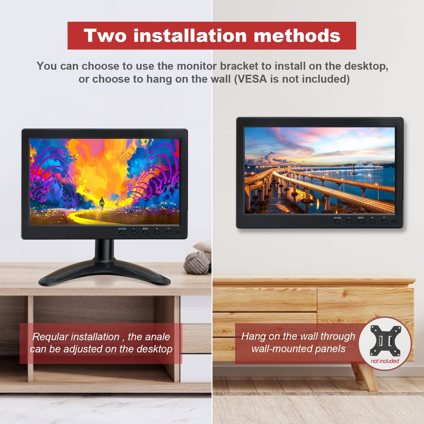 WHOLEV Security Monitor 10.1" FHD CCTV PC Monitor with VGA HDMI BNC AV USB Input Built-in Speaker 178 Wide Angle for Raspberry Pi Game Computer
