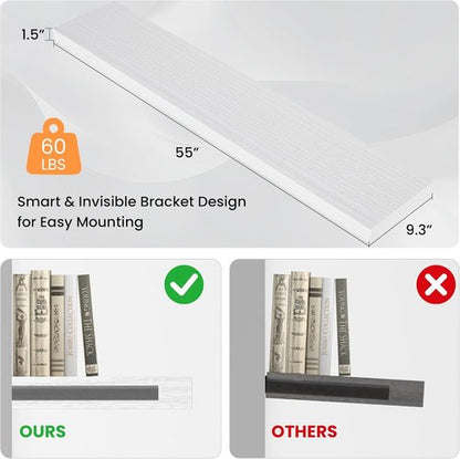 FLYJOE Floating Wall Shelves - Long Wooden Display Shelf with Invisible Brackets | 55"W x 9.3"D x 1.5"H, White