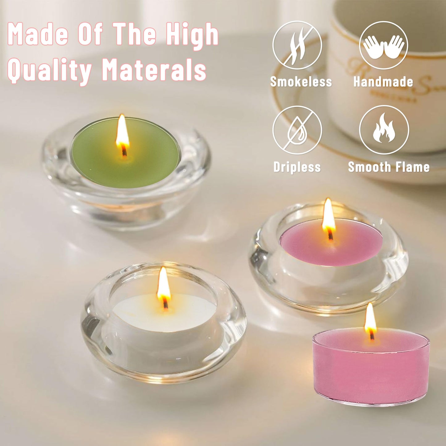 Scented Tea Light Candles 12 Pack Pastel Color Hand Poured Smokeless 4 Hours Clean Burning Small Round Clear Cups Tealight Candles for Romantic Dinners Wedding Centerpieces Cozy Evenings