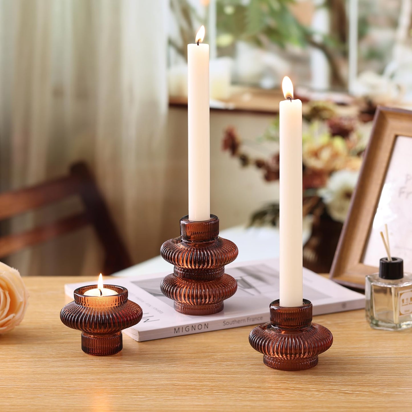 Taper Glass Candlestick Holders Tealight Candle Holders for Table Centerpieces, Fall Wedding Decor and Dinner Party Thanksgiving Christmas Decor (8 Pcs, Brown)