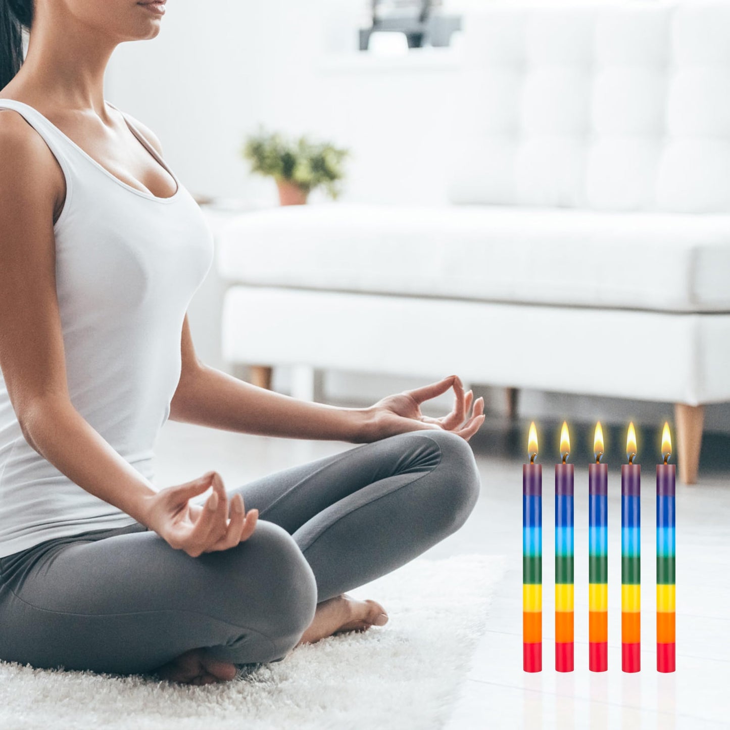 Mega Candles 5 pcs Unscented Multi Color Straight Taper Chakra Candles, Hand Poured Premium Wax Candle 10 Inch x 1 Inch, 100% Cotton Wick, Positive Healing Energy, Meditation, Relaxation, Reiki, Yoga