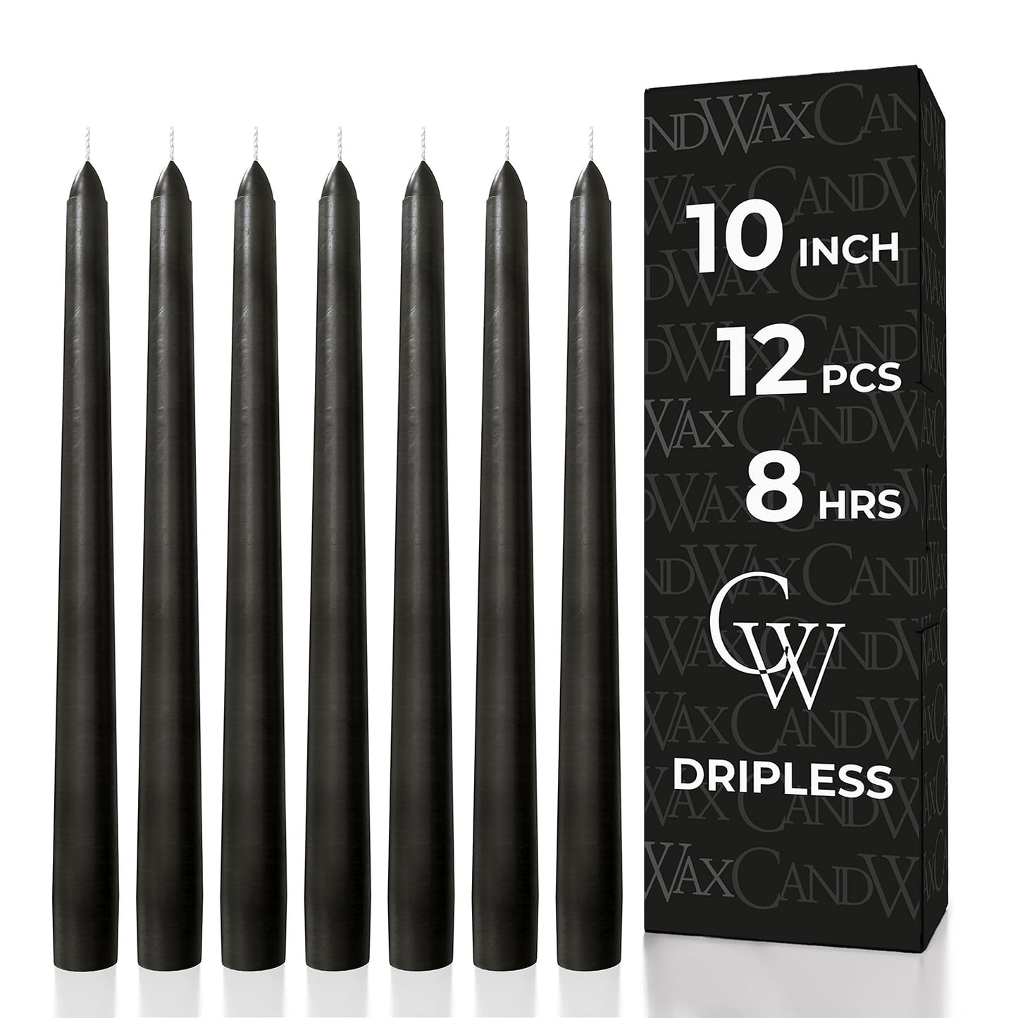 CANDWAX 10 inch Taper Candles Set of 12 - Unscented Black Tapered Candle Sticks - Perfect for Halloween Decoration
