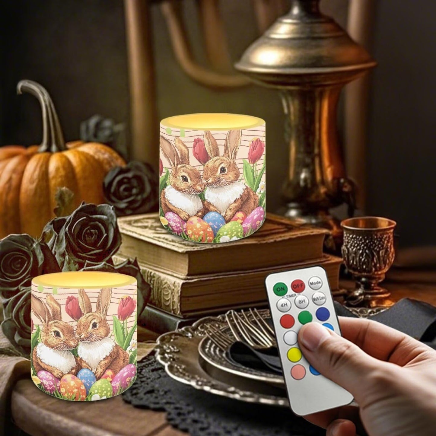 Merkmak 4 Pack Floral Bunny Egg LED Candles Flickering Flameless Candles with Remote and Timers Battery Operated Tea Lights with Remote Pillar Battery Tea Lights for Easter Day Party
