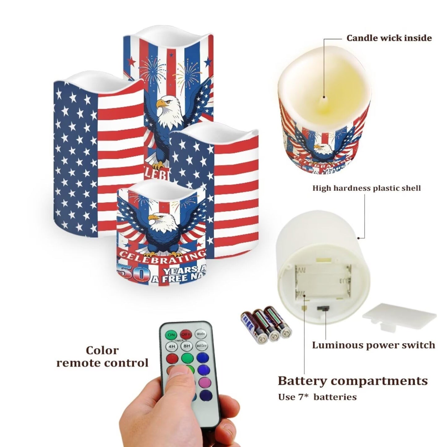 Uorisanigo American Flag Flameless LED Candles Set of 4 Bald Eagle Battery Operated Candles Red White Blue Fake Candles for Fourth of July Holiday Party Table Centerpieces Living Room Decorations