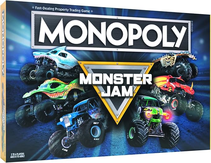 USAOPOLY Monopoly: Monster Jam | Buy Sell Trade Iconic Trucks Including Grave Digger Max-D El Toro Loco Dragon’s Breath Classic Monopoly Game Officially-Licensed Merchandise